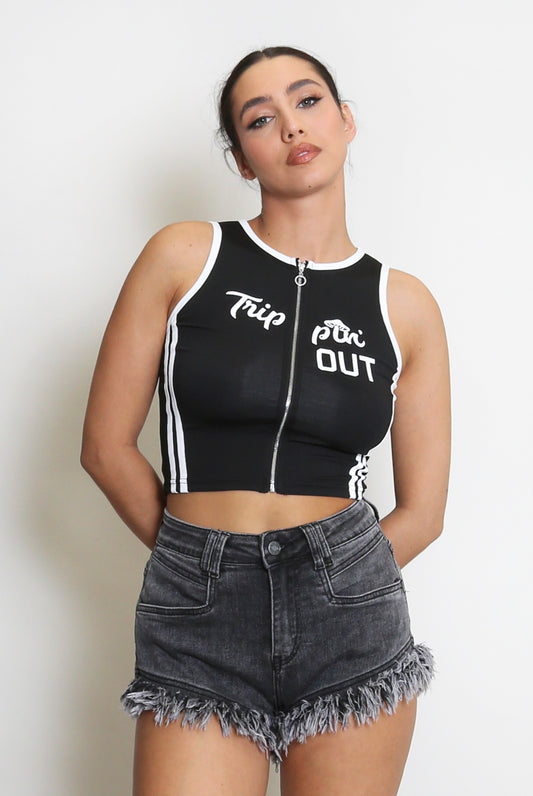 Slogan Zip Front Sleeveless Crop Top