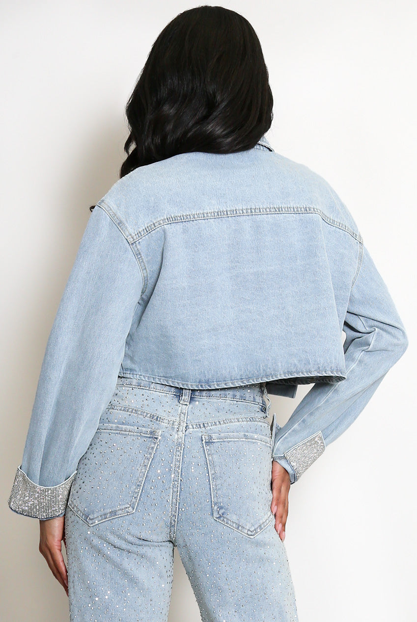 Diamante Trim Cropped Denim Jacket