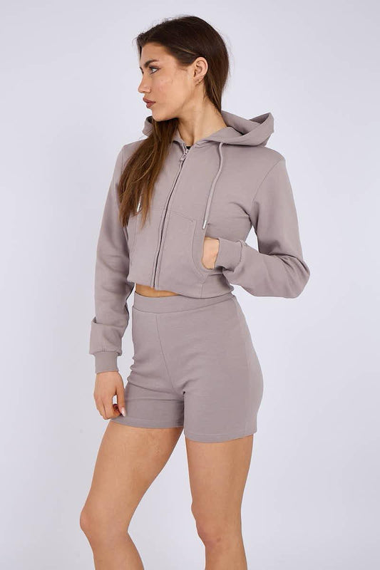 Zipped Hooded Crop Top & Seam Detail Shorts Fleece Co-ord