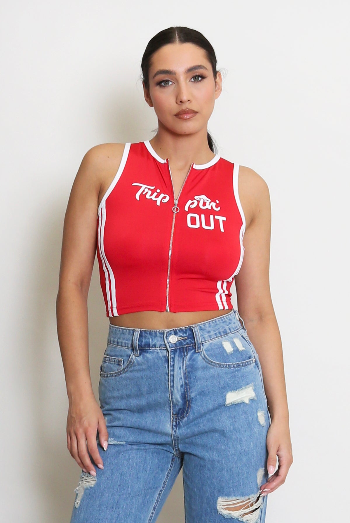 Slogan Zip Front Sleeveless Crop Top