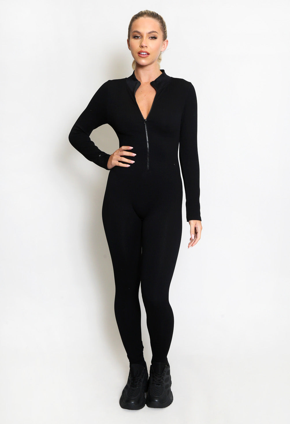 Ribbed High Neck Zip Front Unitard