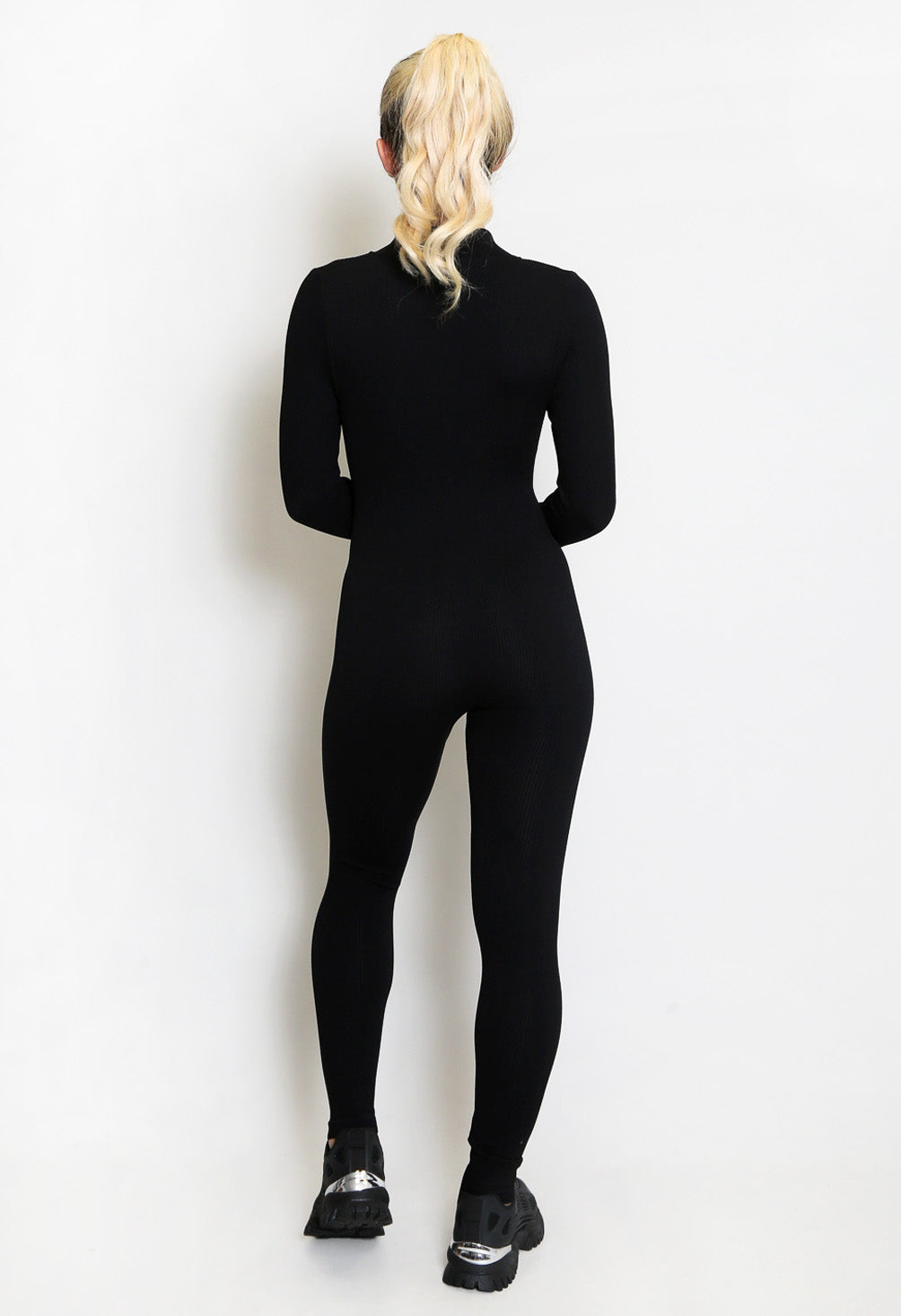 Ribbed High Neck Zip Front Unitard