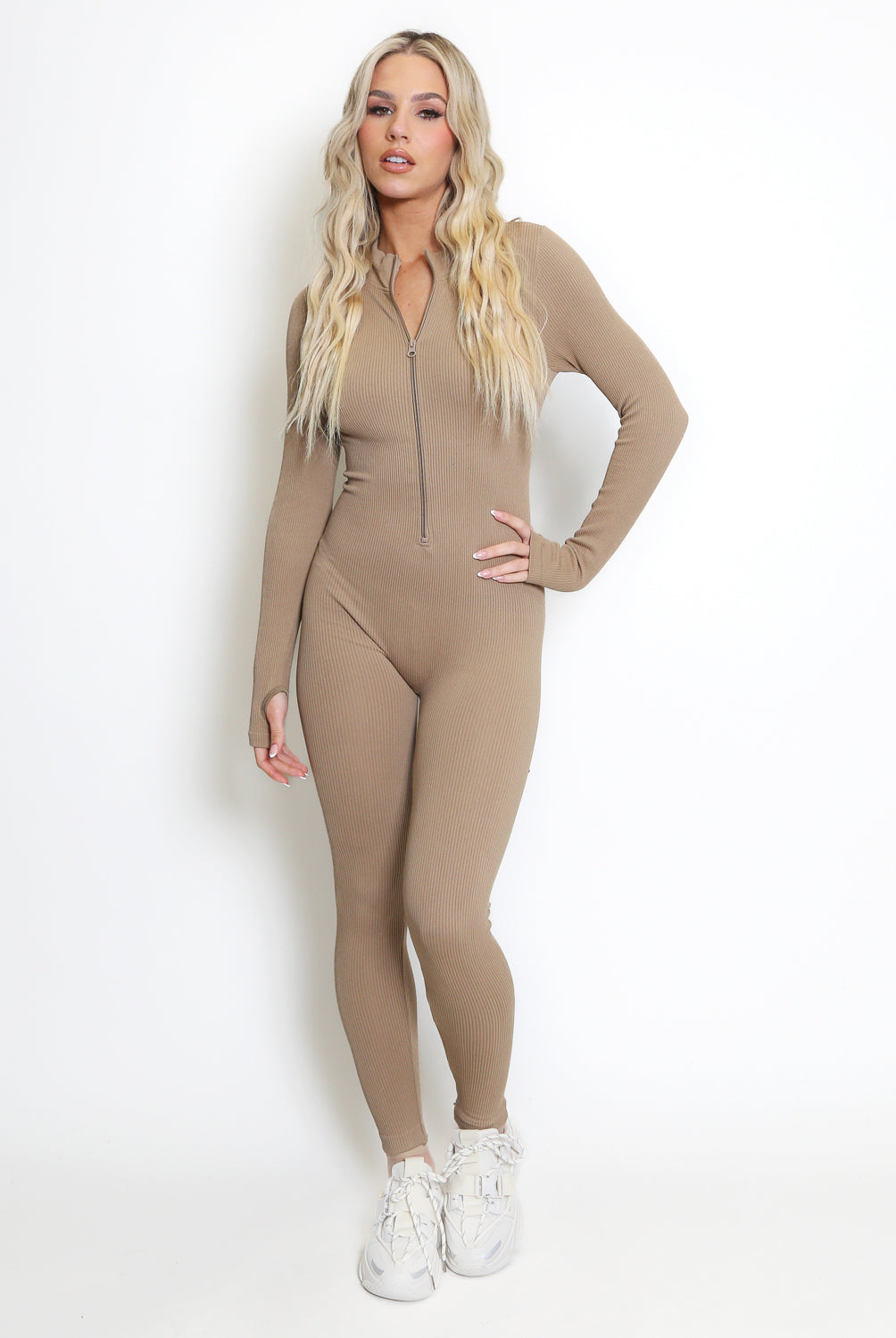 Ribbed High Neck Zip Front Unitard