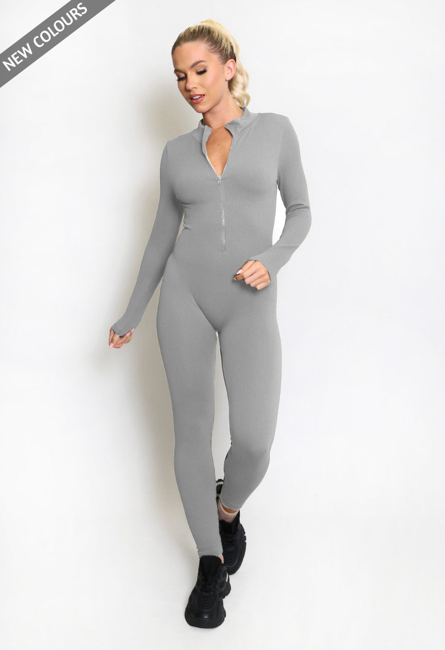 Ribbed High Neck Zip Front Unitard
