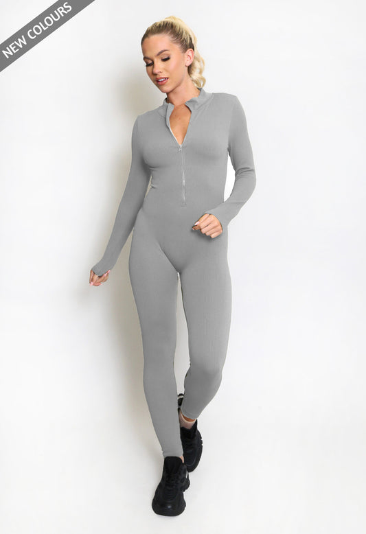Ribbed High Neck Zip Front Unitard