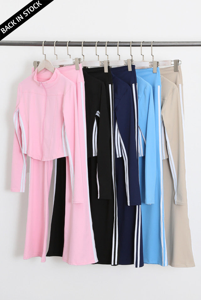 Zip Top And Side Stripe Flare Leg Gym Set