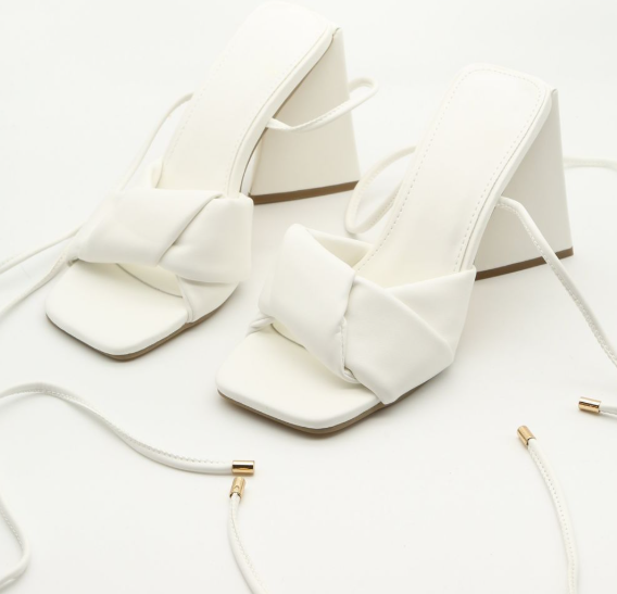 White Flare Block Heel Wrap Around Sandal