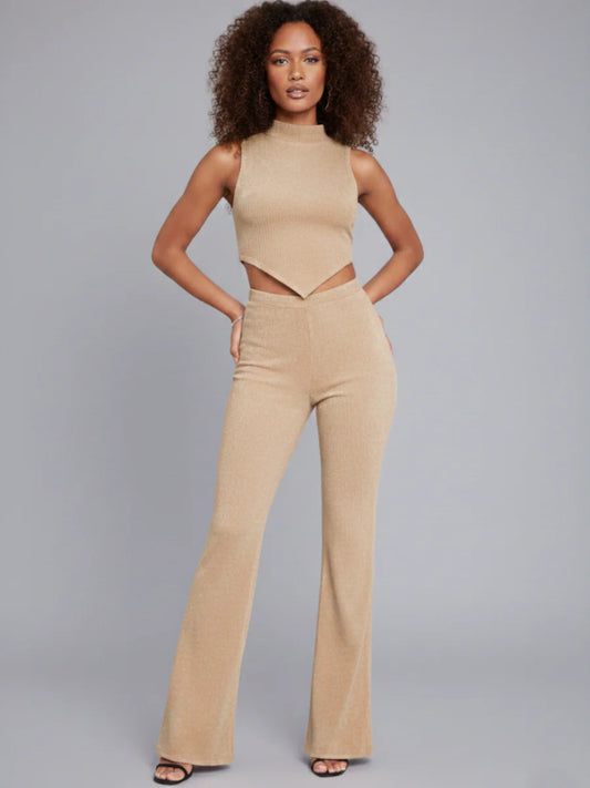 Asymmetrical High Neck Top and Flared Trouser Co-ord