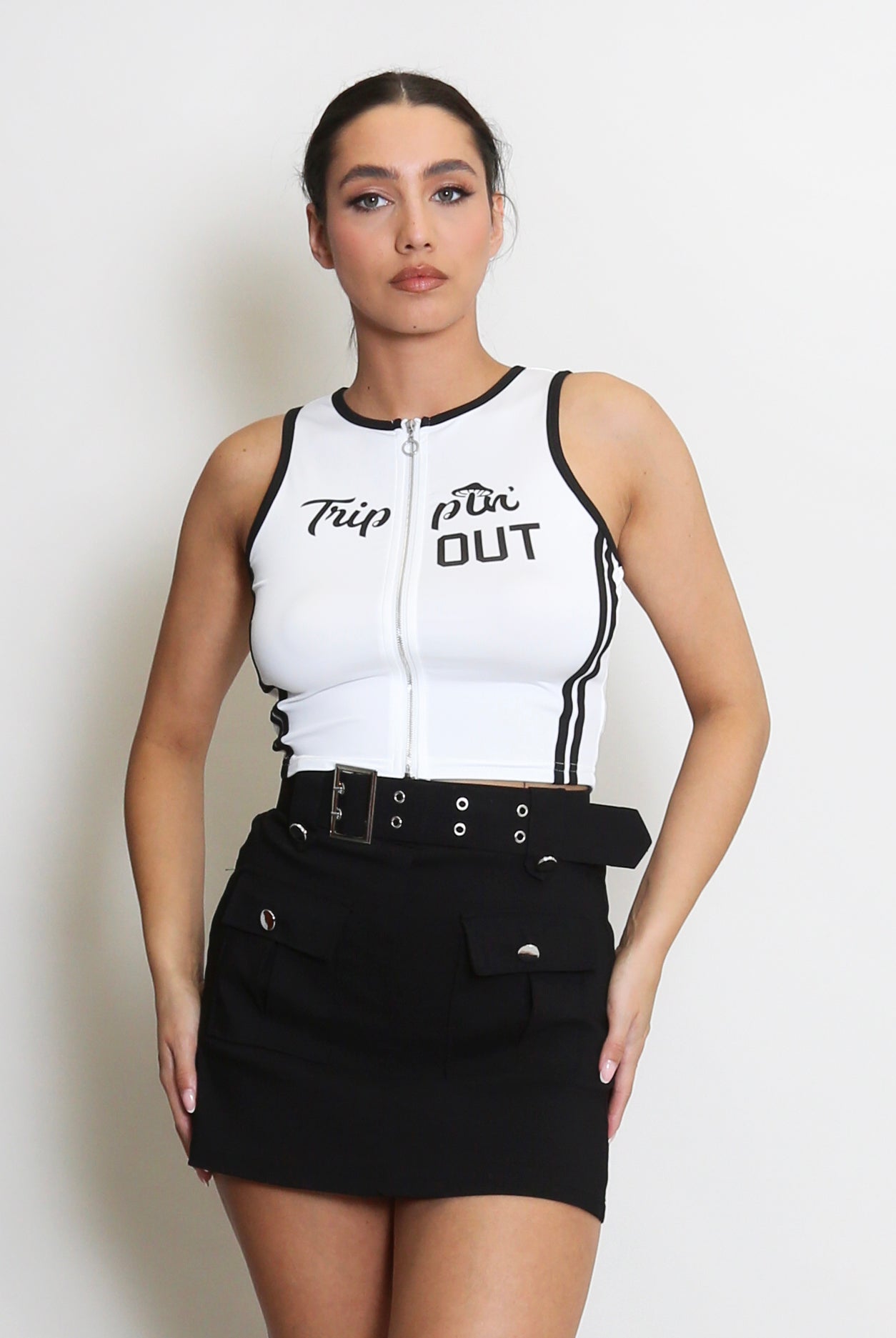 Slogan Zip Front Sleeveless Crop Top