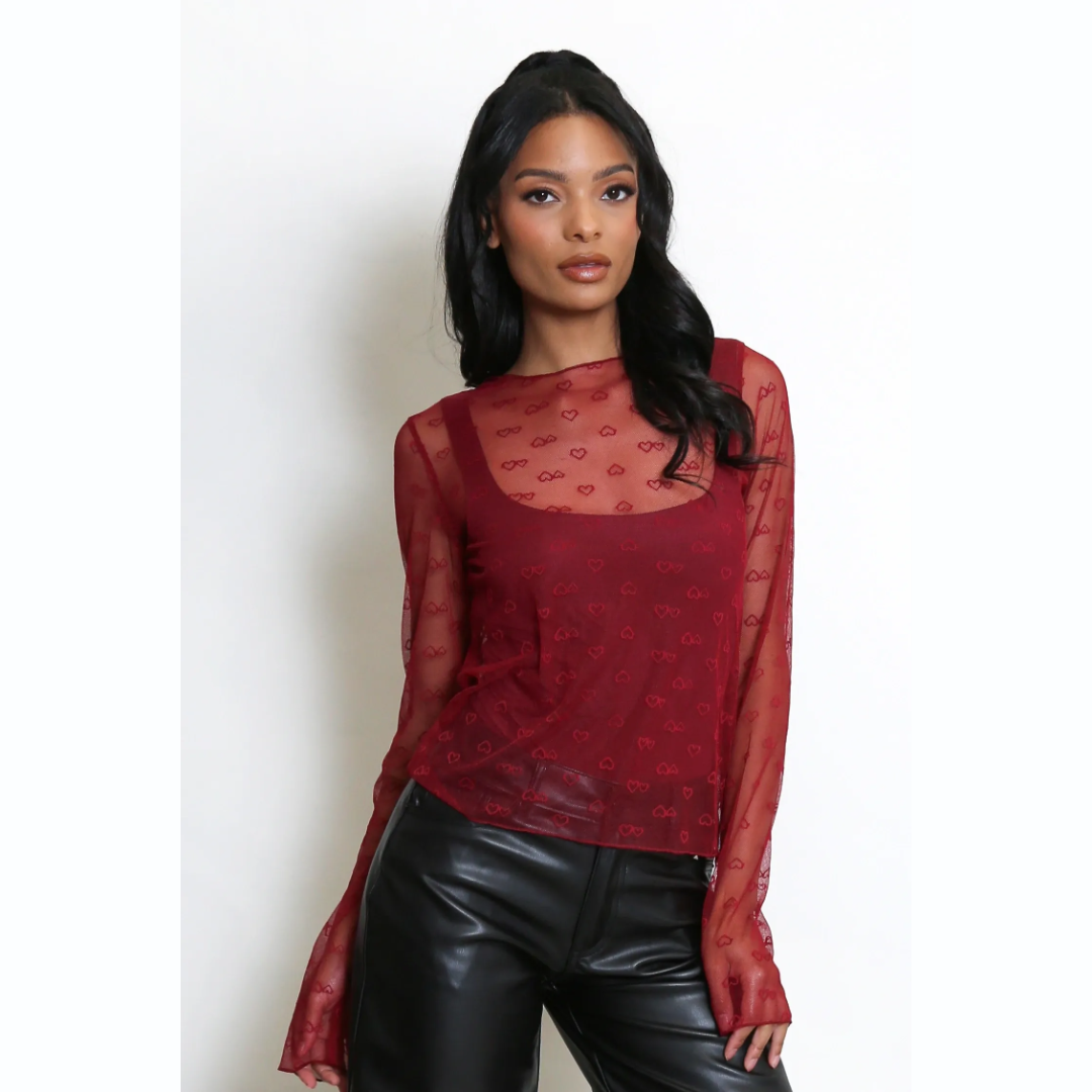 Hearts Embroidered Mesh Top