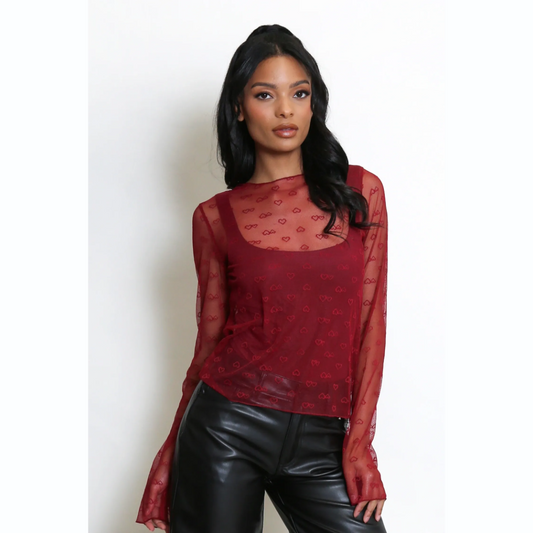 Hearts Embroidered Mesh Top