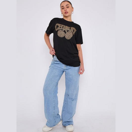 Leopard Cherry Graphic Printed T-Shirt