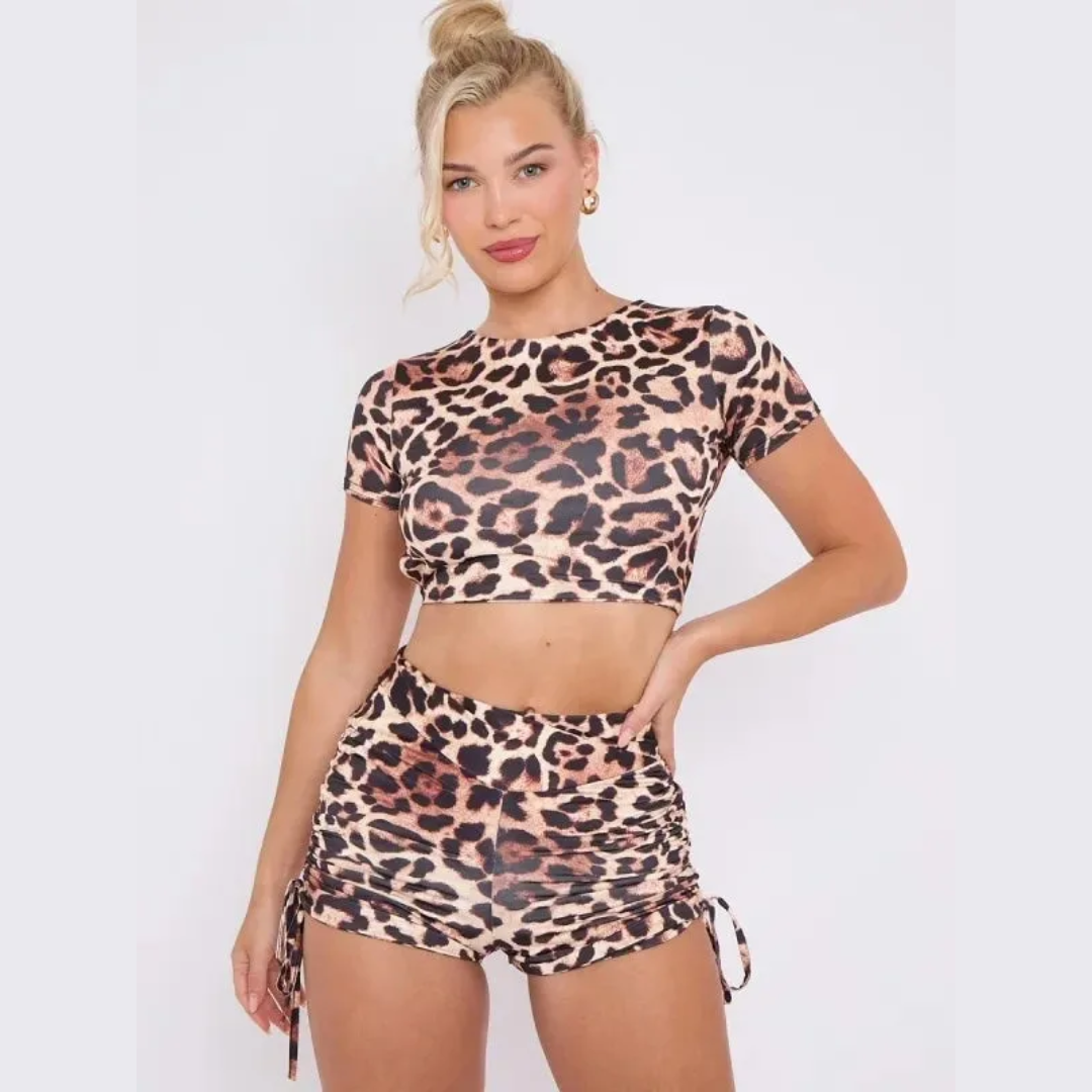 Leopard Print Open Back Crop Top & Crossover Ruched Shorts Co-ord