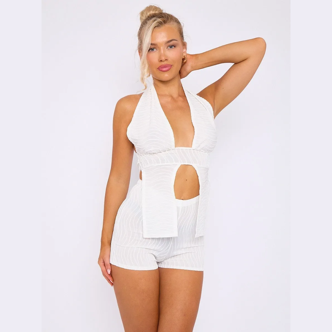 Textured Backless Halter Top & Shorts Co-ord
