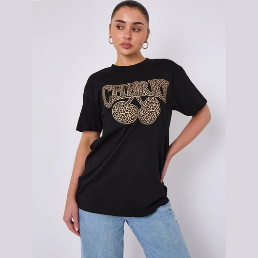 Leopard Cherry Graphic Printed T-Shirt