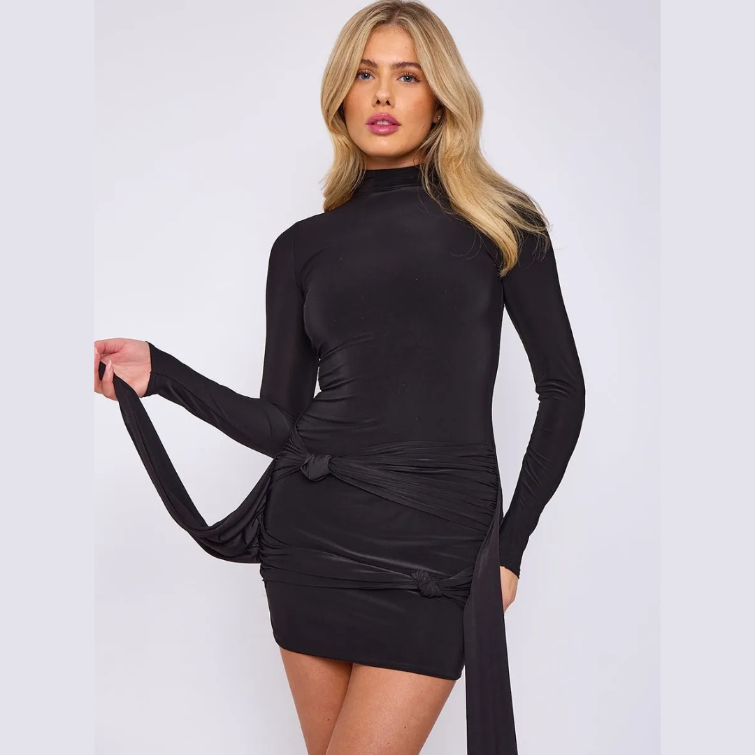 Knot Front Slinky Dress With Drape Detail