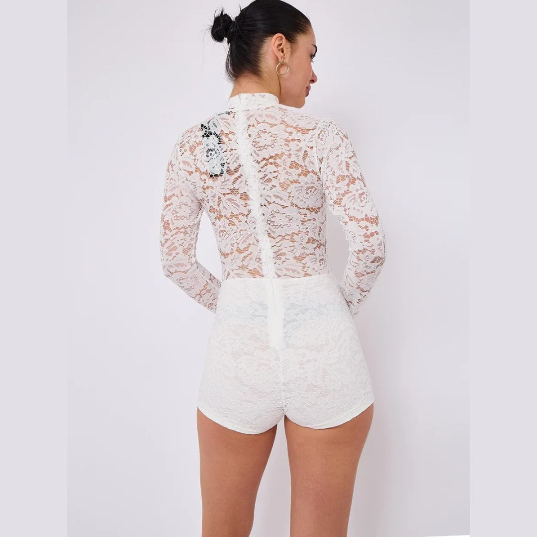 Lace Detail High Neck Long Sleeve Playsuit