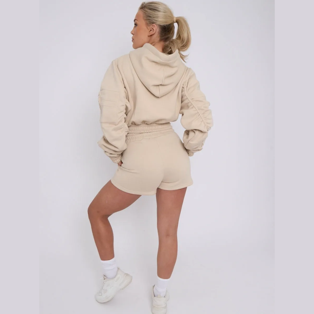 Cropped Zip Up Ruched Sleeve Hoodie & Shorts Fleece Co-ord