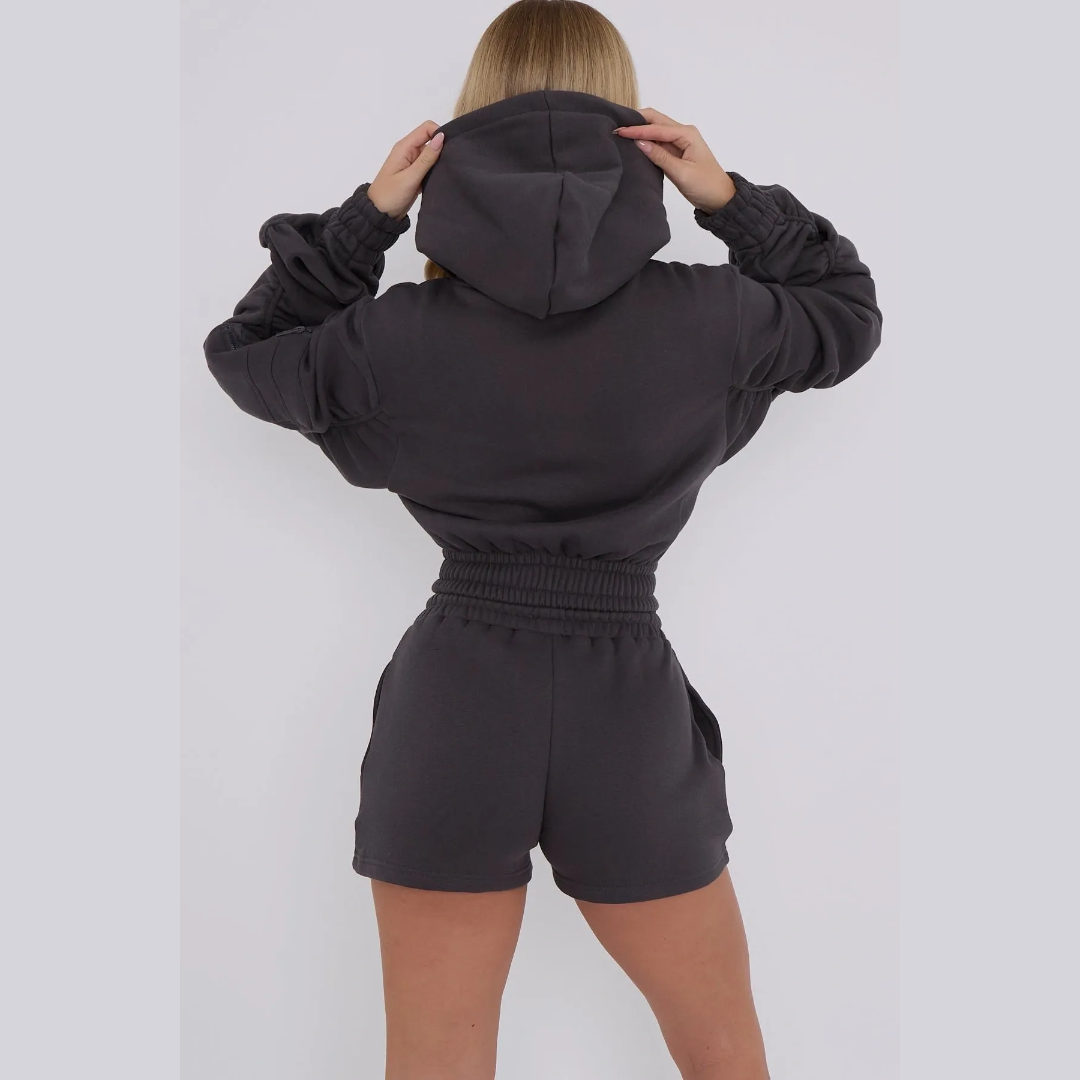 Cropped Zip Up Ruched Sleeve Hoodie & Shorts Fleece Co-ord