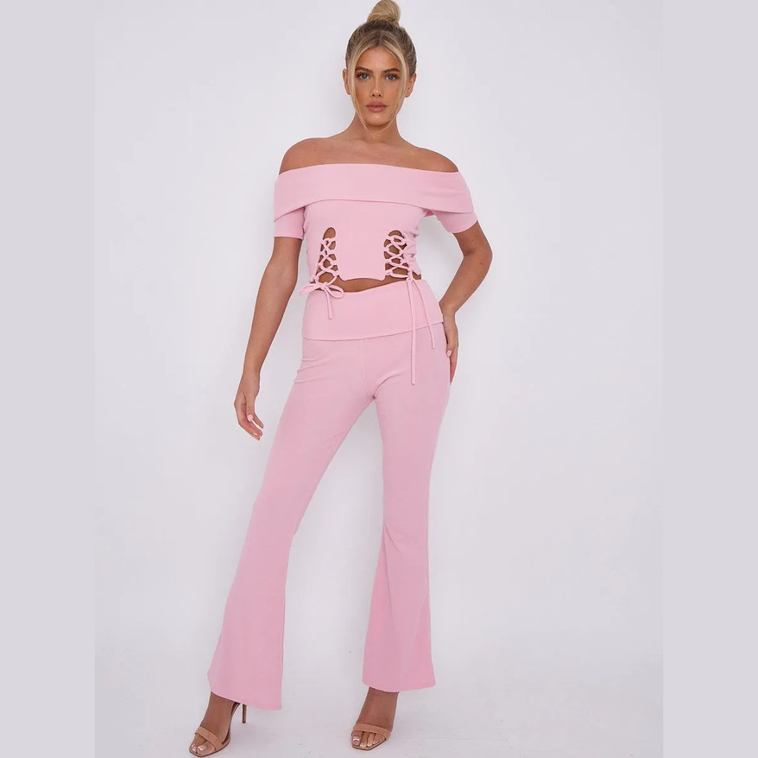 Lace Up Ribbed Bardot Top & Fold Over Flared Trouser Co-ord