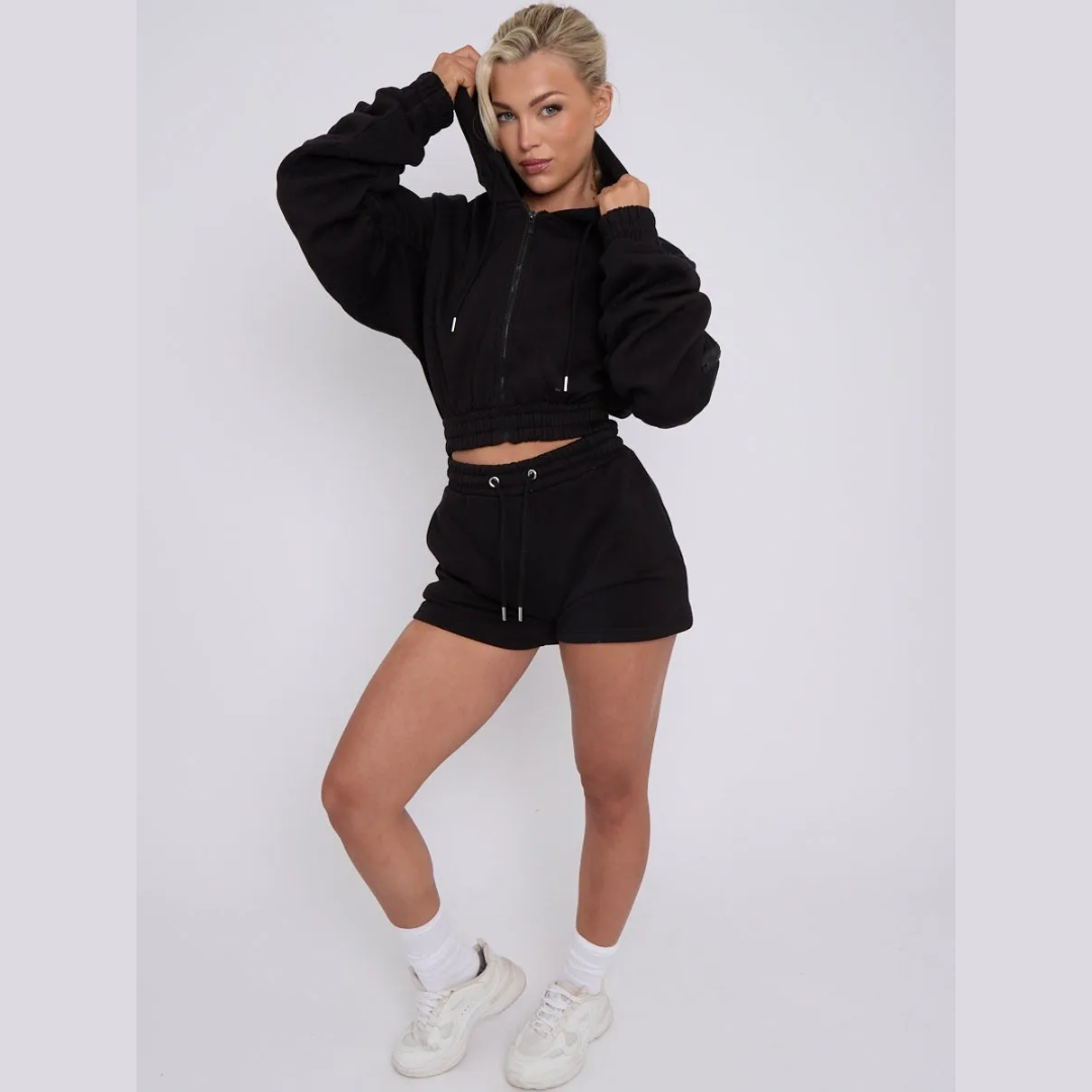 Cropped Zip Up Ruched Sleeve Hoodie & Shorts Fleece Co-ord