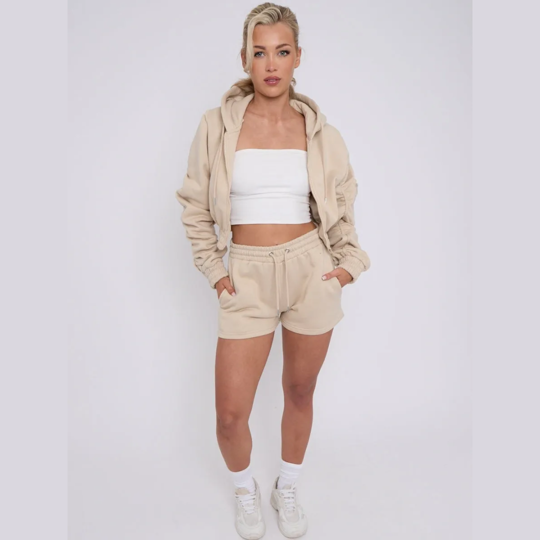 Cropped Zip Up Ruched Sleeve Hoodie & Shorts Fleece Co-ord