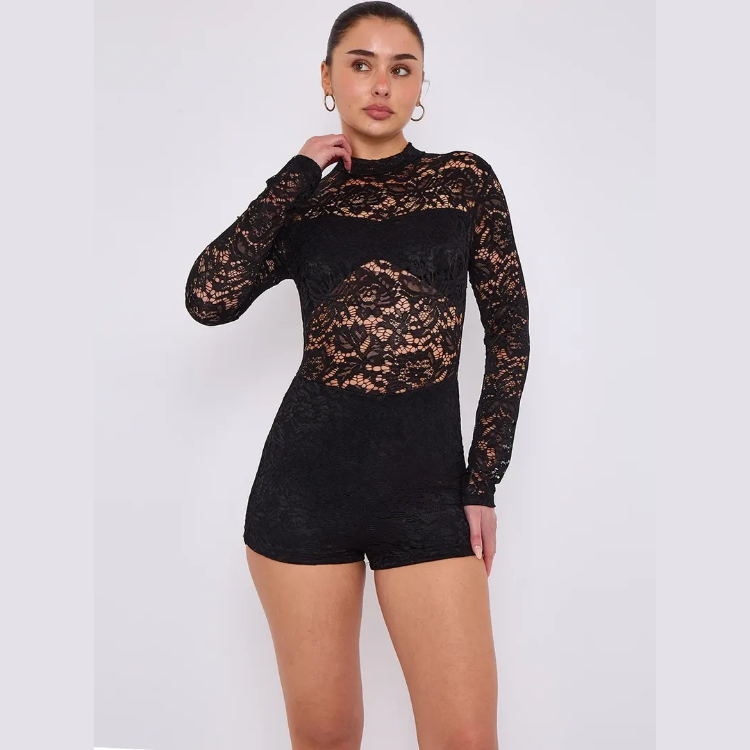 Lace Detail High Neck Long Sleeve Playsuit