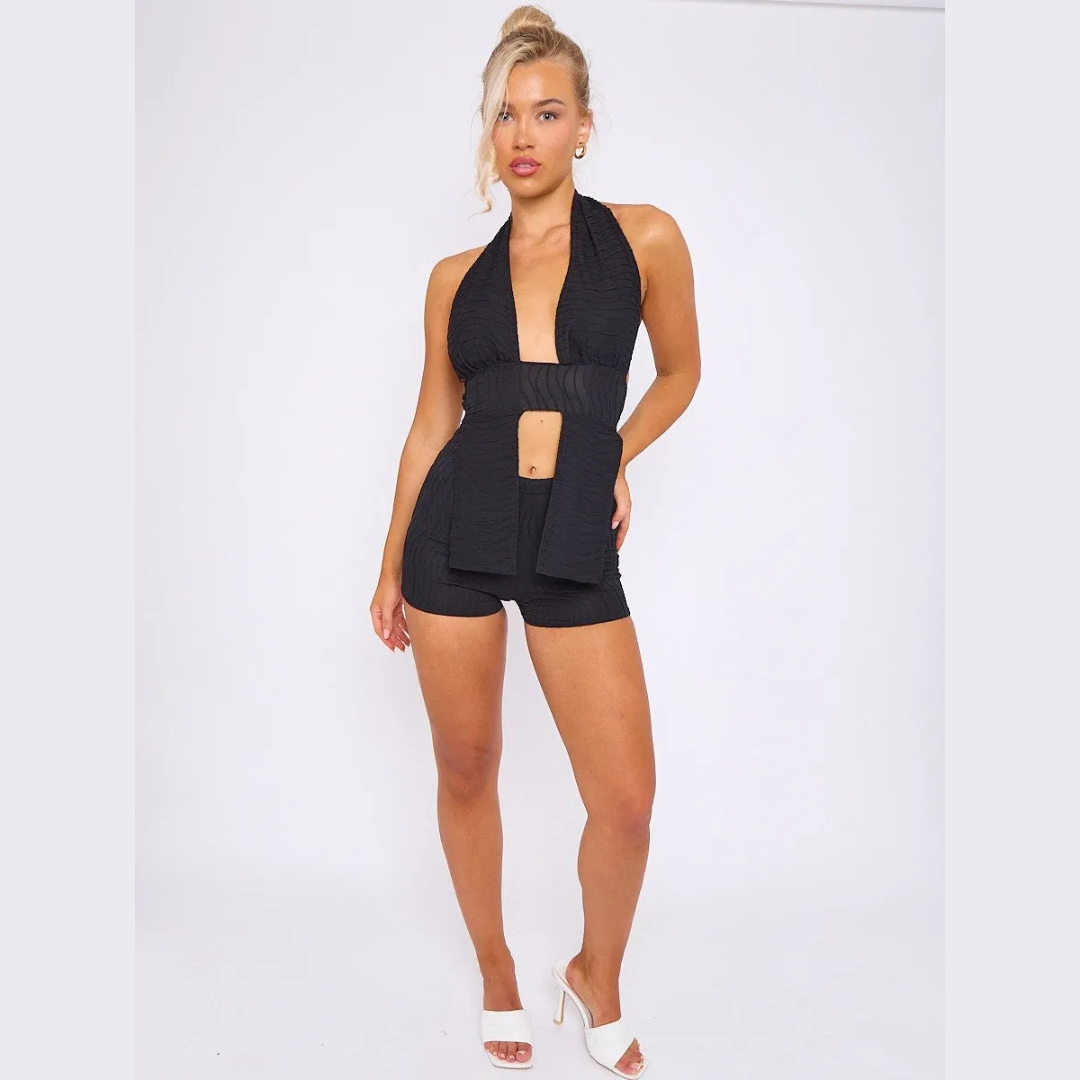 Textured Backless Halter Top & Shorts Co-ord