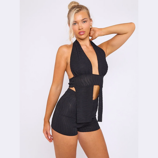 Textured Backless Halter Top & Shorts Co-ord