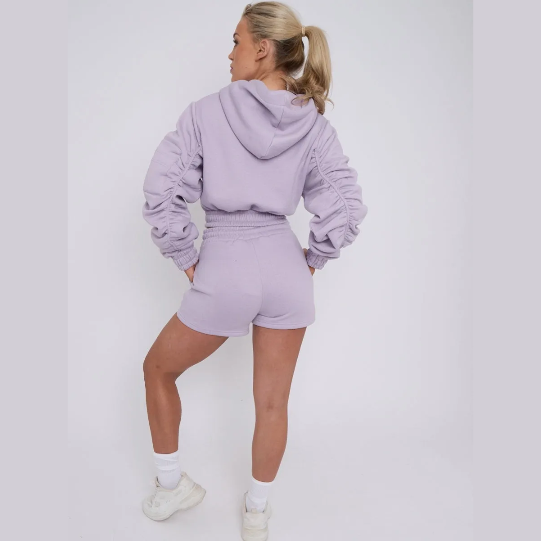 Cropped Zip Up Ruched Sleeve Hoodie & Shorts Fleece Co-ord