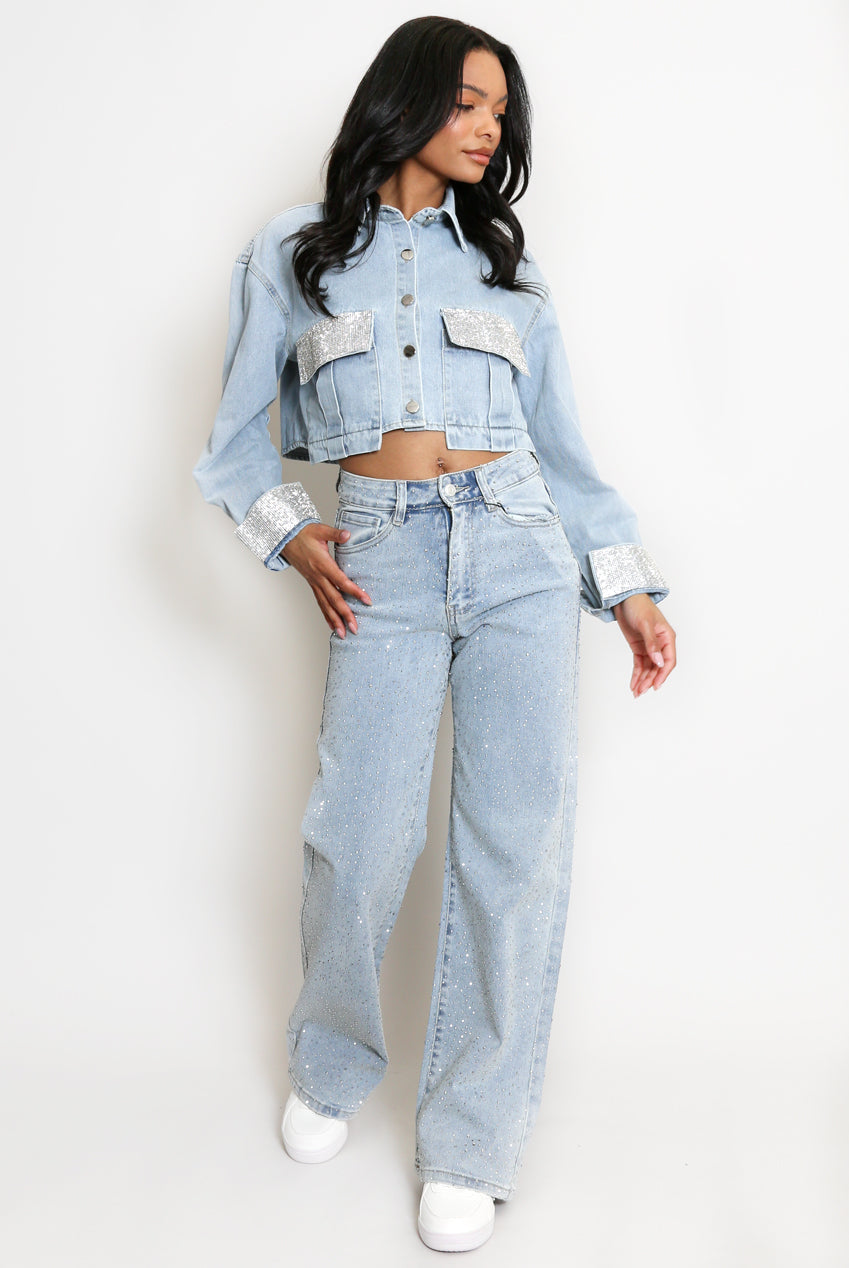 Diamante Trim Cropped Denim Jacket