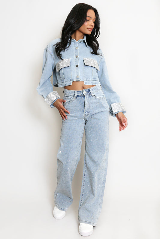 Diamante Trim Cropped Denim Jacket