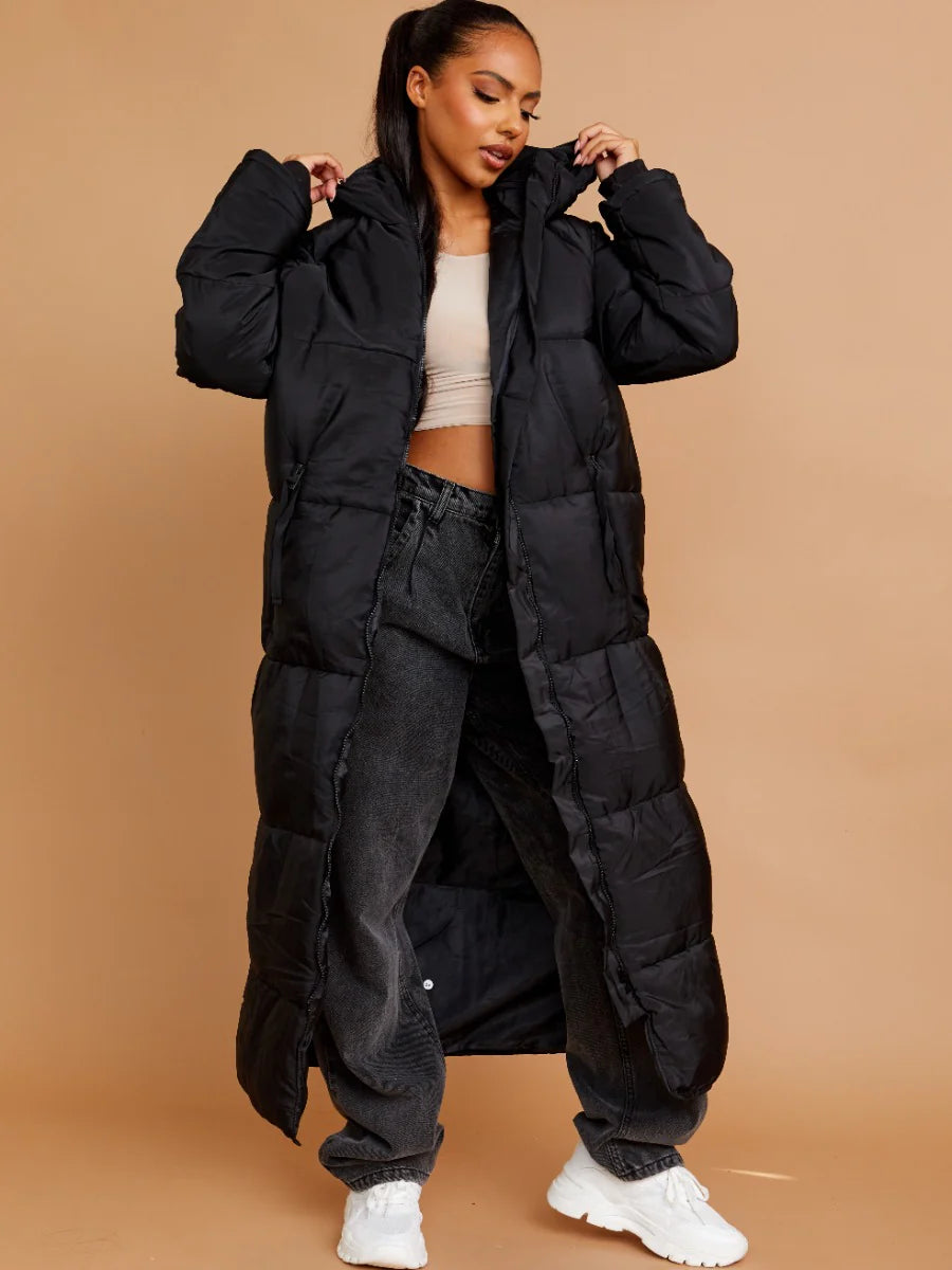 Longline Quilted Hooded Coat with Button Detail
