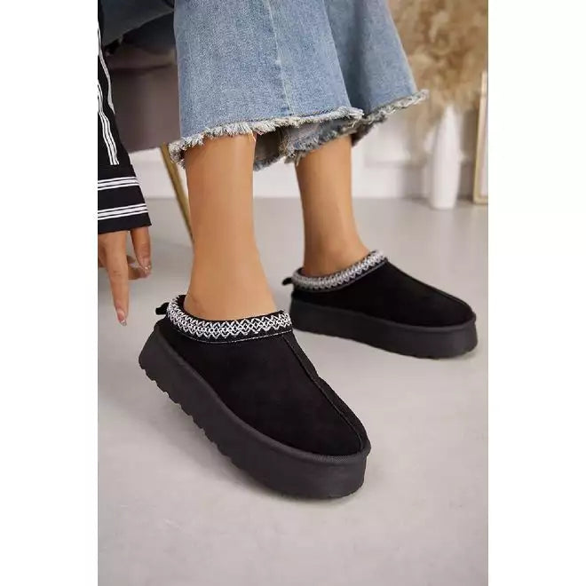Black Embroided Fluffy Platform Slippers Aztec Detail Faux Fur Lined A