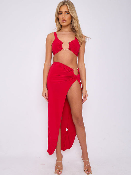 Slinky Horseshoe Buckle Detail Crop Top & Skirt Co-ord