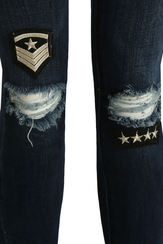 Blue Denim Star Badge Shredded Jeans