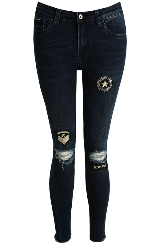 Blue Denim Star Badge Shredded Jeans