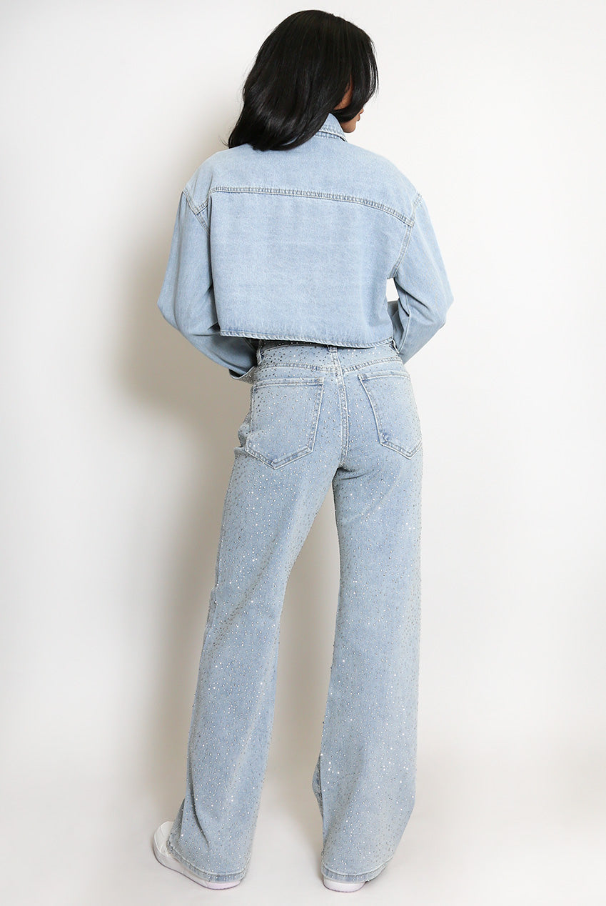 Diamante Trim Cropped Denim Jacket