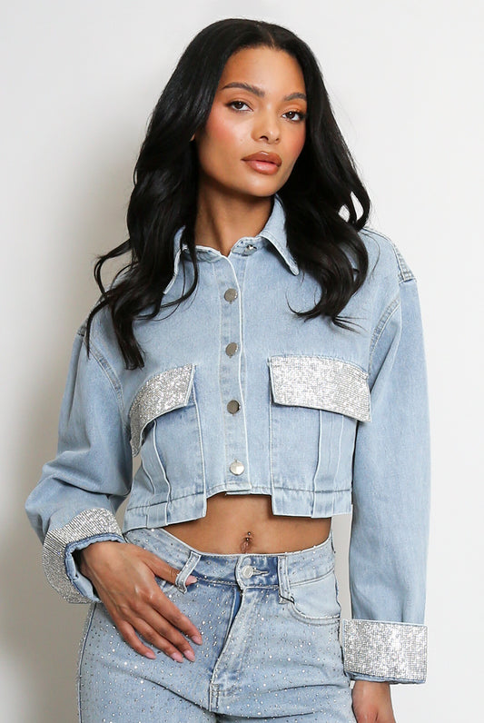 Diamante Trim Cropped Denim Jacket