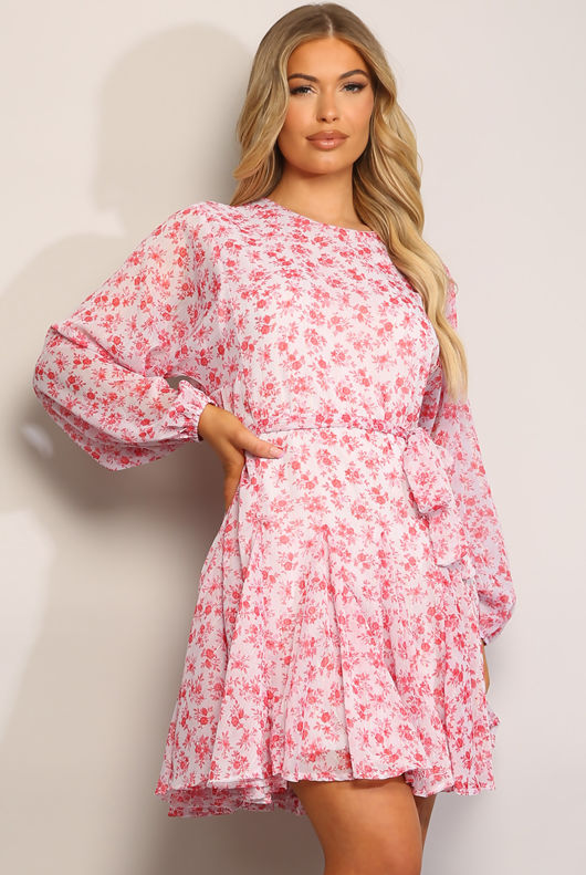 Rose Floral Print Belted Flare Dress