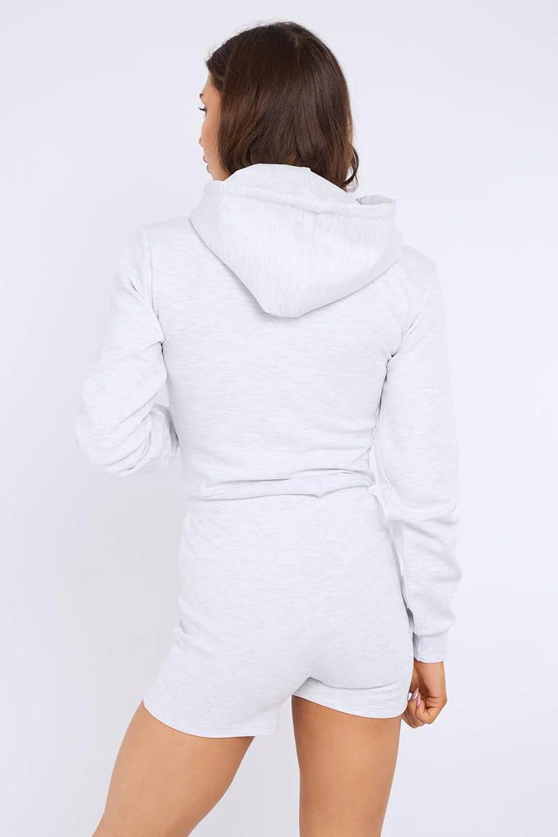 Zipped Hooded Crop Top & Seam Detail Shorts Fleece Co-ord