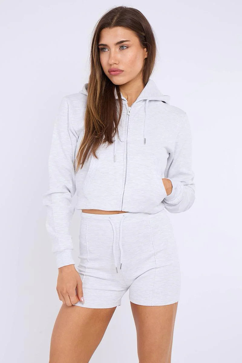 Zipped Hooded Crop Top & Seam Detail Shorts Fleece Co-ord