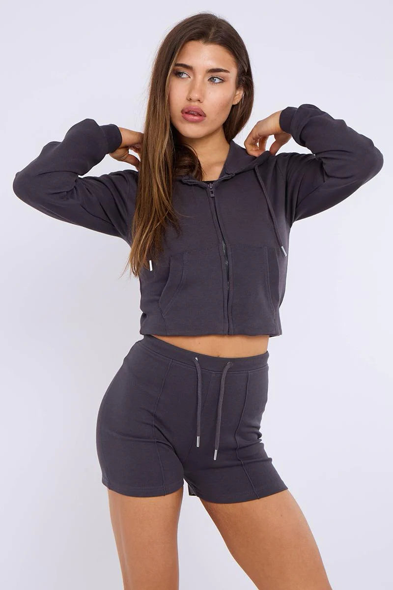 Zipped Hooded Crop Top & Seam Detail Shorts Fleece Co-ord