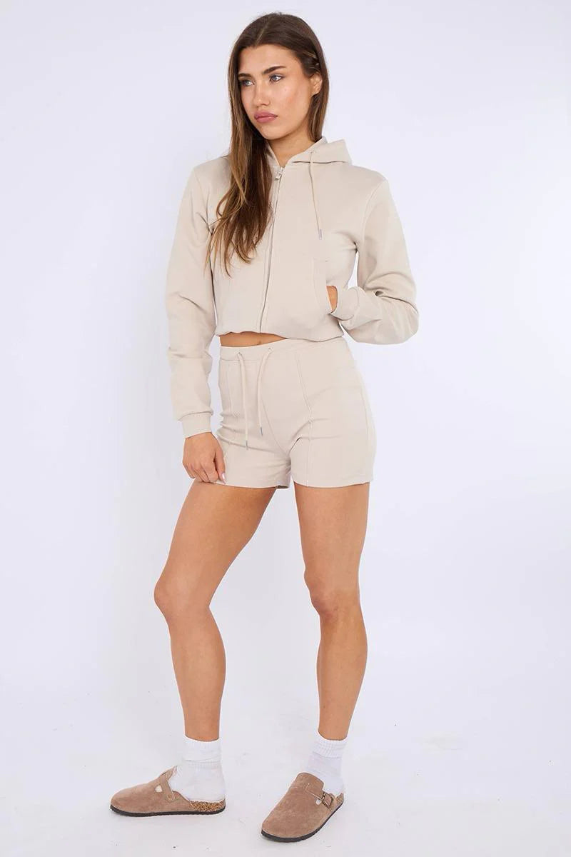 Zipped Hooded Crop Top & Seam Detail Shorts Fleece Co-ord