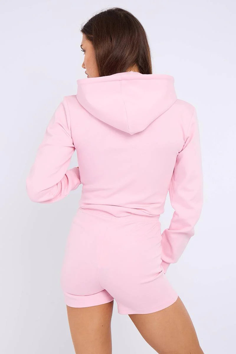 Zipped Hooded Crop Top & Seam Detail Shorts Fleece Co-ord