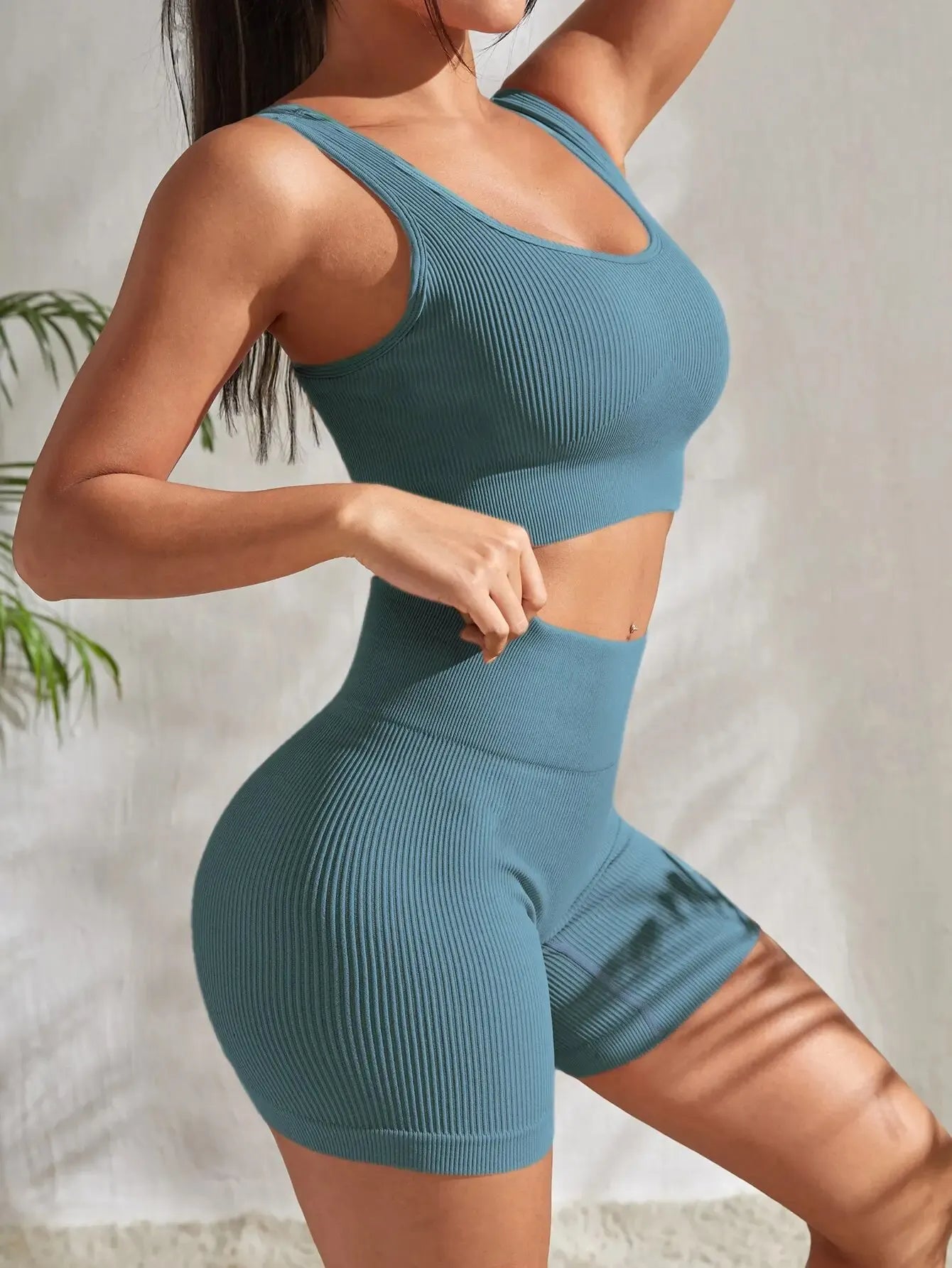 Ribbed Two Piece Gym Crop Top And High Waist Shorts Set