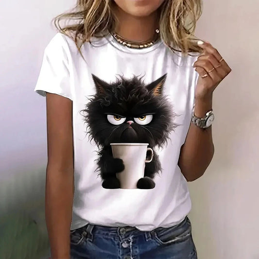 Angry Cat Print T-Shirts