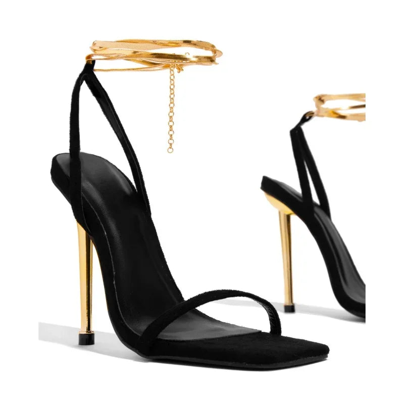 Heeled Sandals With A Gold Ankle Strap