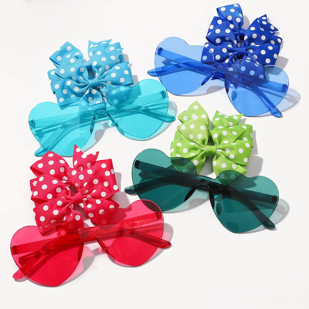 3 Piece Set - Polka Dot Hair Bows With Heart Shaped Sun Glasses