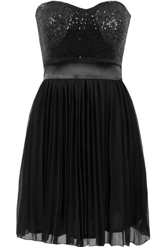 Black Sequin Bodice Pleated Skirt Party Dress